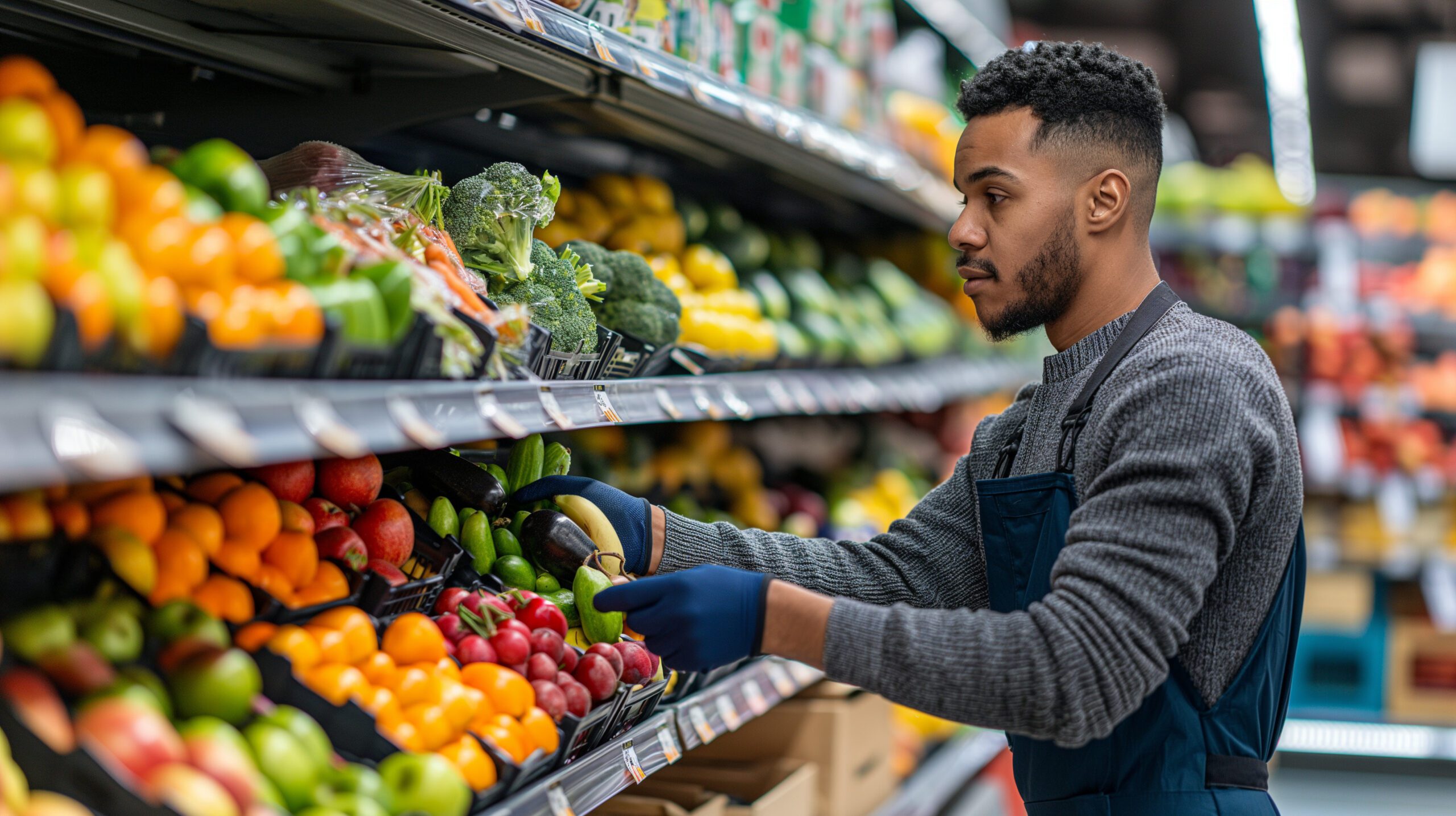 A grocery store associate stocks shelves.