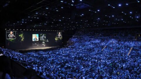 Nvidia CEO Jensen Huang giving a keynote at CES.