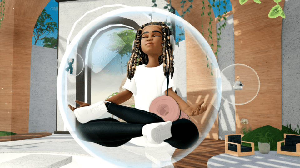 Roblox character meditates in the Alo Yoga Sanctuary
