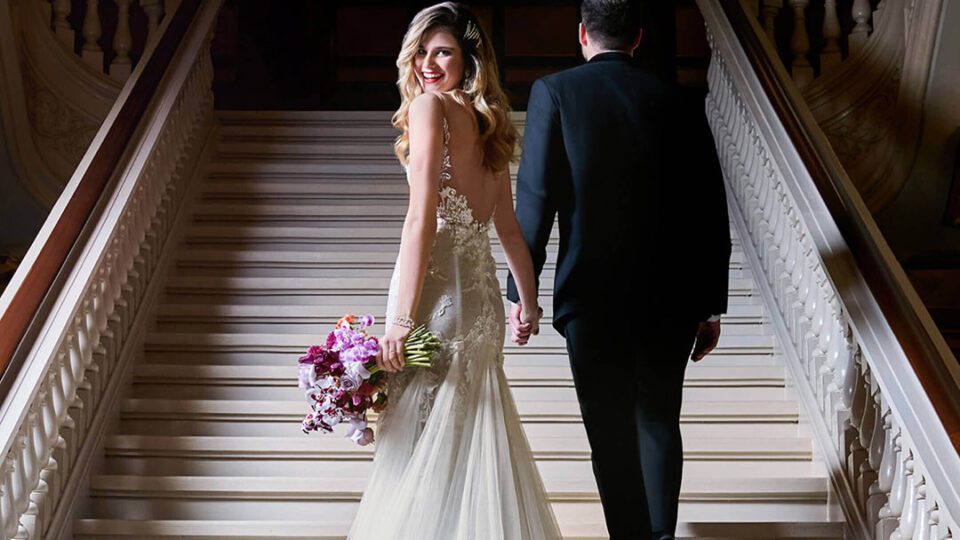 A bride in a David's Bridal gown.