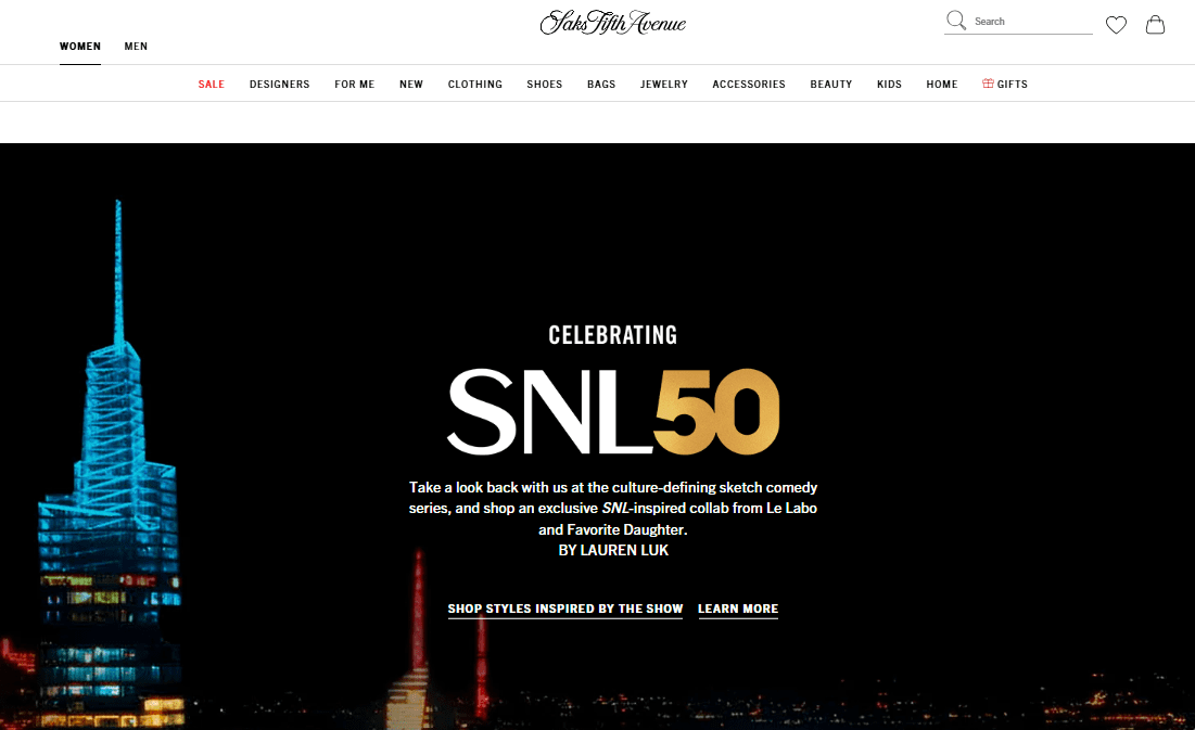Landing page on Saks.com for SNL 50th