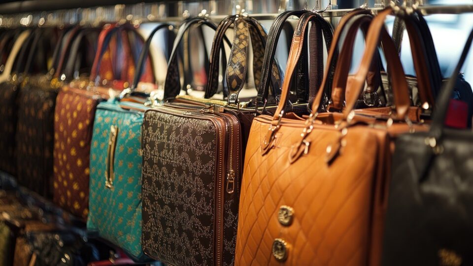 Handbag dupes lining a shelf