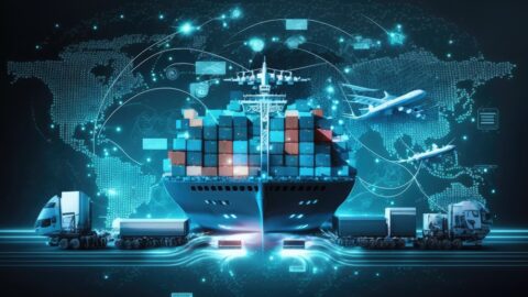 Container ship set in front illustration of the supply chain