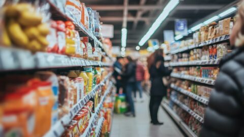 Shoppers in a well-stocked grocery store.