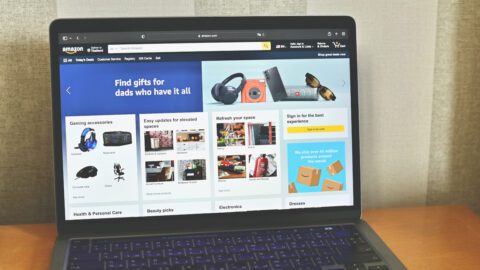 Amazon homepage on laptop screen.