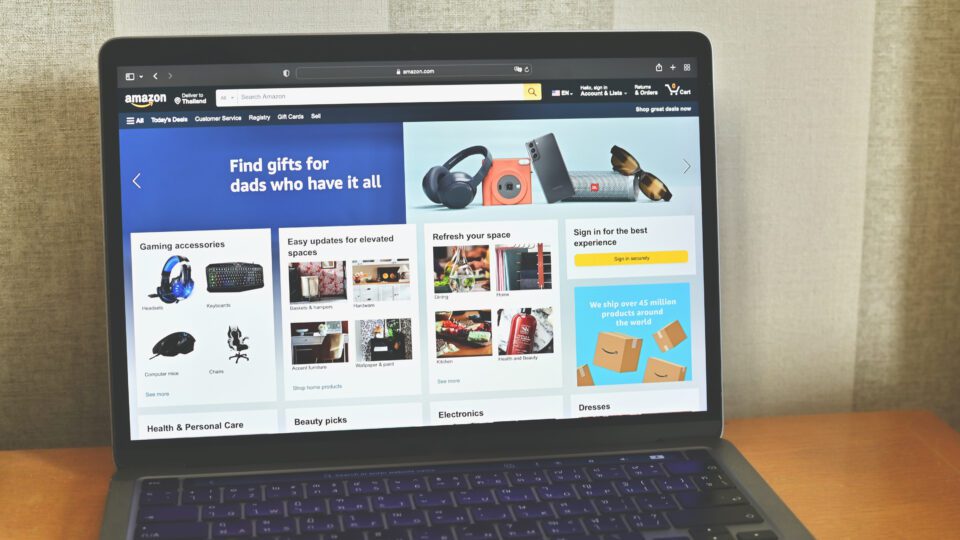 Amazon homepage on laptop screen.