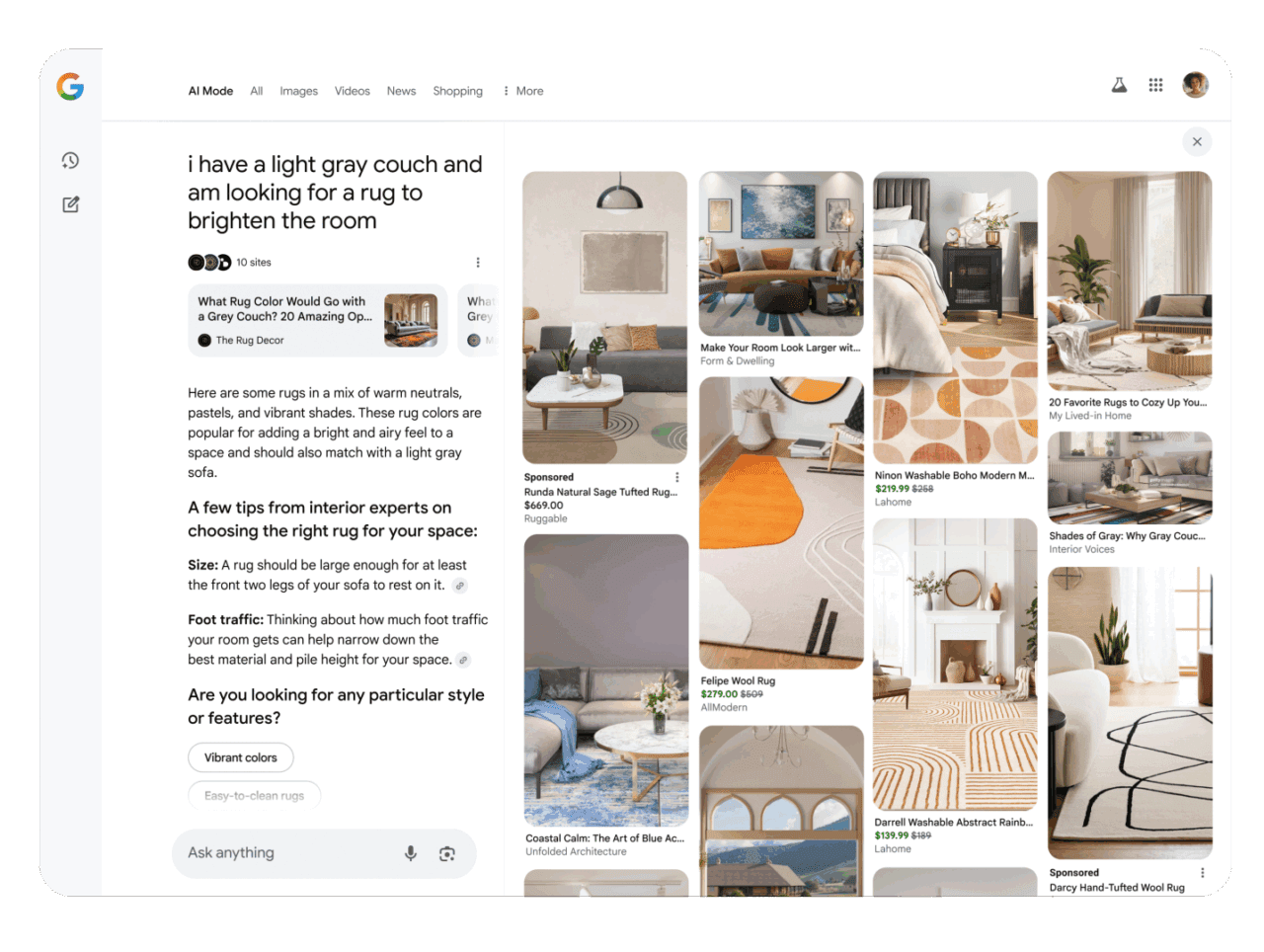 Google's new AI Mode in a shopping search