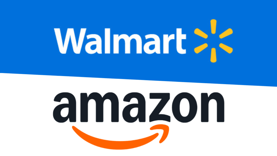 Walmart and Amazon logos side by side to compare their innovation strategies.