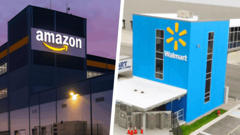Amazon and Walmart warehouses side by side.