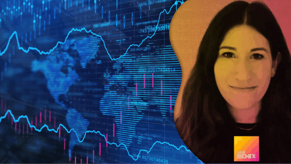 Graphical image of global markets overset by Melissa Minkow headshot to represent tariffs, retail covered in this episode of Retail Remix.