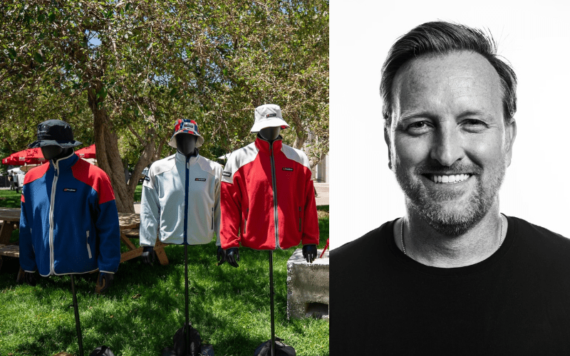 From left: Berghaus fleece jackets and bucket hats on display at Outside Festival, Shane Wallace, vice president portfolio brands, Pentland Brands.