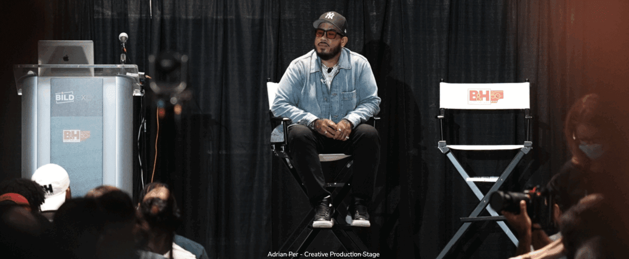 Filmmaker and content creator Adrian Per speaking at the 2023 Bild Expo