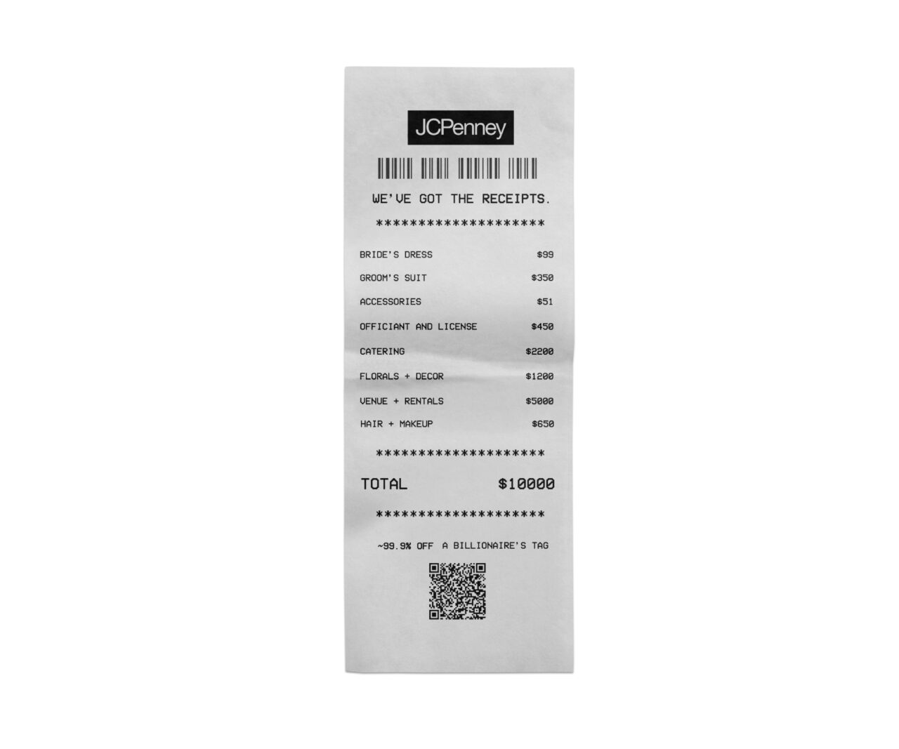 Receipt from the $10,000 JCPenney wedding in Venice, Calif.