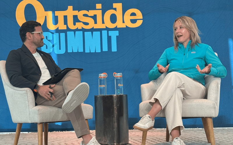 Luis Benitez, VP global government affairs at Lululemon, left, and Mary Beth Laughton, president and CEO of REI Co-op, right.