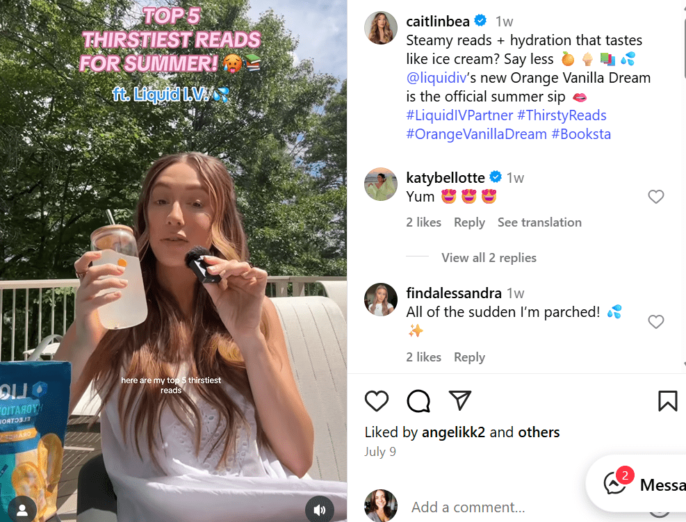 Influencer Caitlin Bea touts Liquid I.V.'s new flavor alongside her picks for summer's juiciest reads.