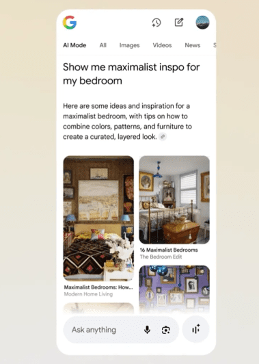 Example of new experience with more visual results in Google's AI Mode.