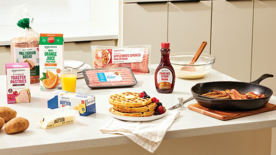 Amazon Grocery private label breakfast lineup.