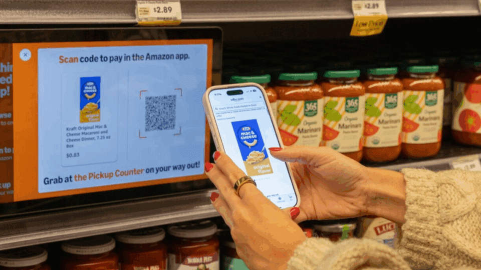 QR codes throughout the Whole Foods store allow customers to order national brands for pickup during the same shopping trip.