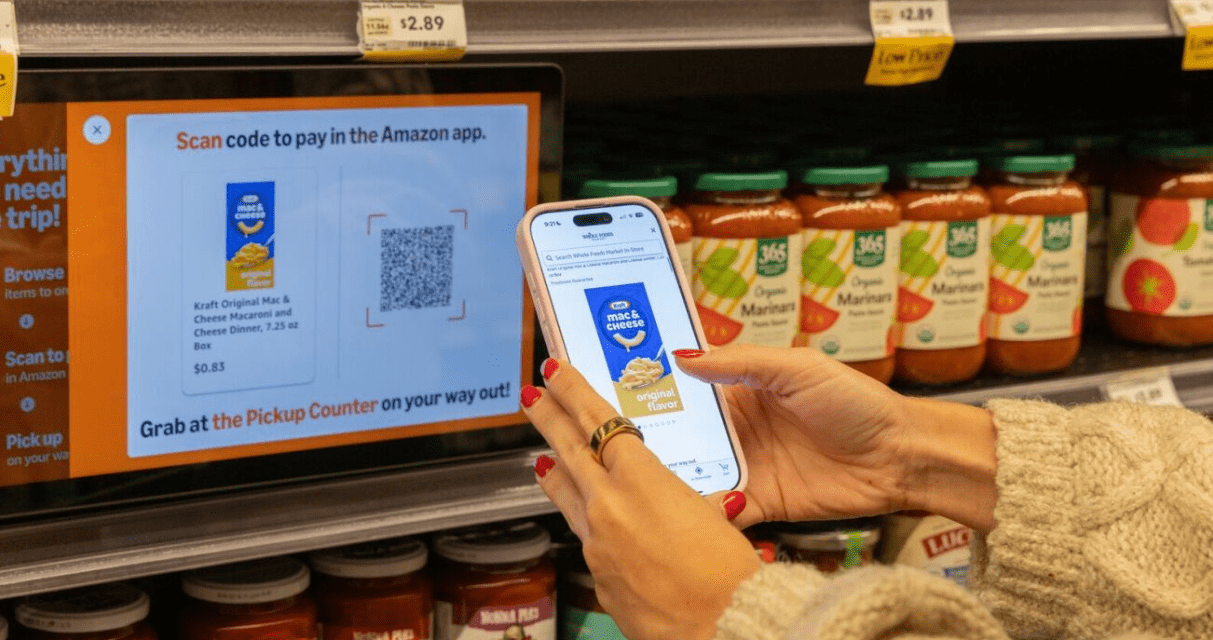QR codes throughout the Whole Foods store allow customers to order national brands for pickup during the same shopping trip.