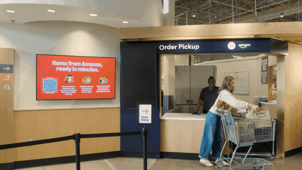 Pickup station for collecting Amazon orders within Whole Foods.