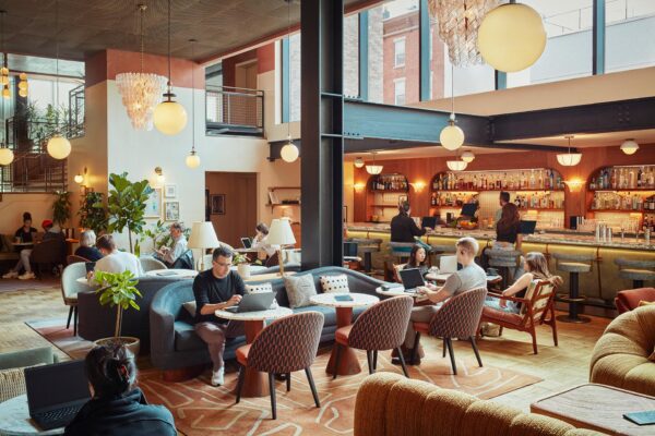 One of The Hoxton lobbies, which are designed not just hotel guests but weekday warriors who need a place to work and anyone else we wants to just put their feet up.